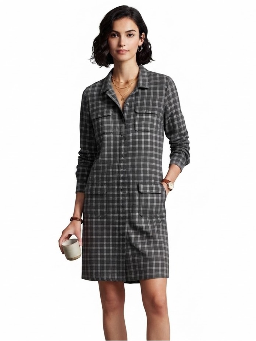 Banana Republic Plaid Shirt Dress in Charcoal and Taupe
